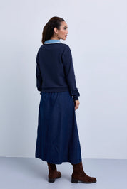 Denim Collar Sweatshirt with Knitted Crossbody