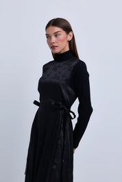 Jacquard Knit Combination Dress with Side Ties
