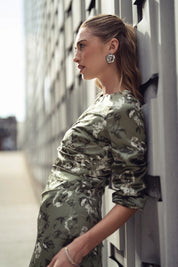 Side Ruched Dress- Soft Olive and Roses