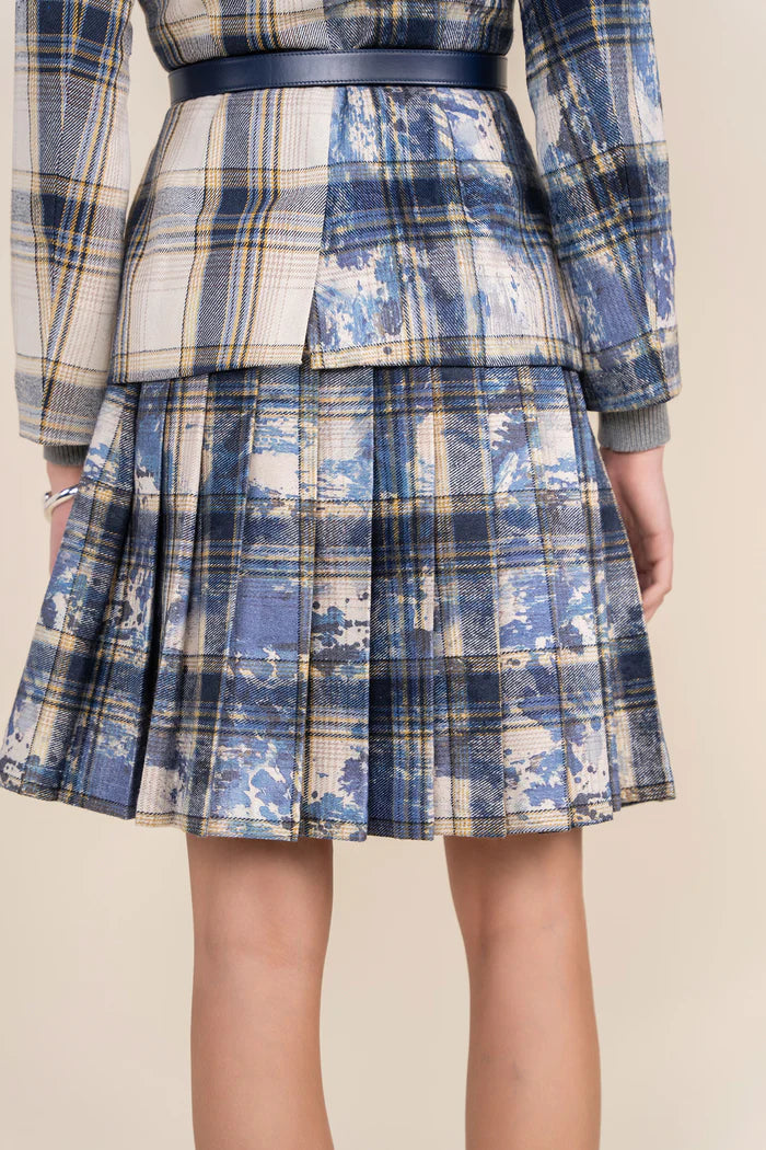 Praia Pleated Skirt in Blue Plaid