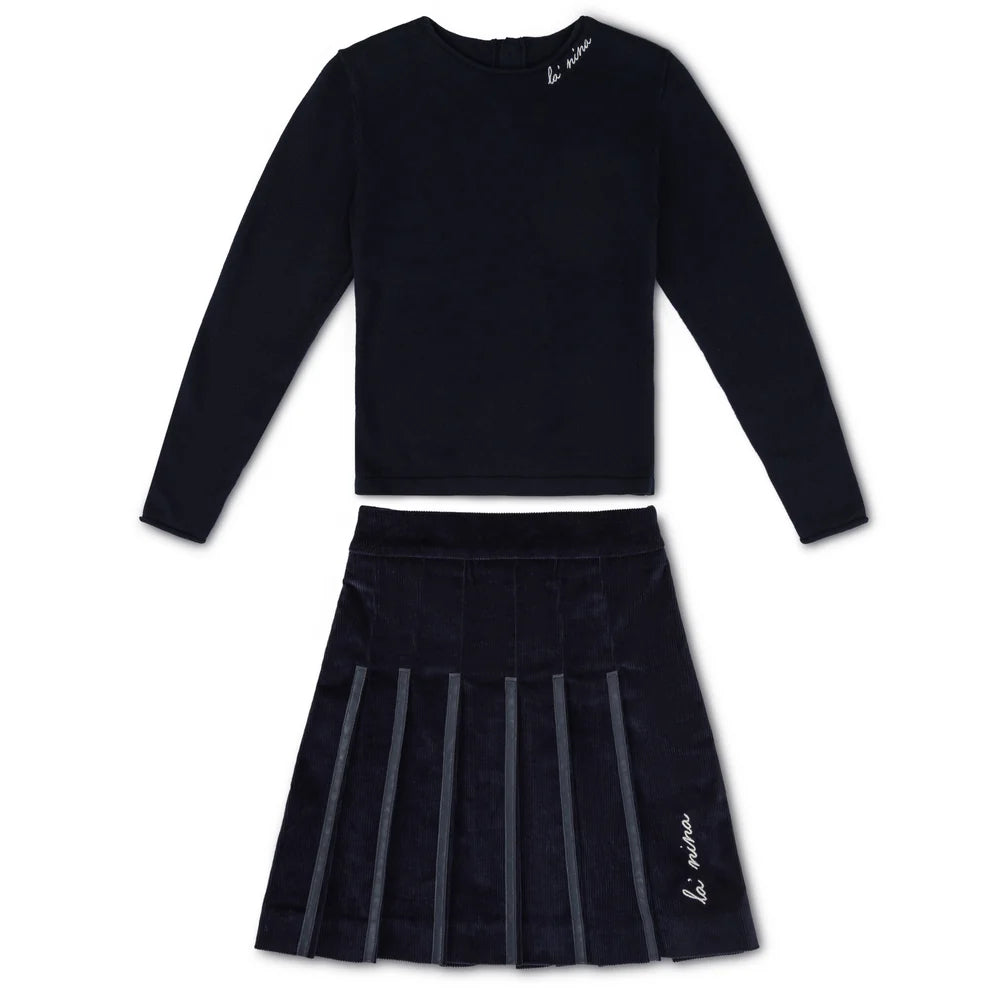 Leather Trim Navy Corduroy Skirt & Logo Sweater