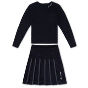 Leather Trim Navy Corduroy Skirt & Logo Sweater