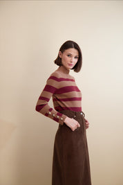 MULTI STRIPE RIB KNIT MOCK NECK-TAN