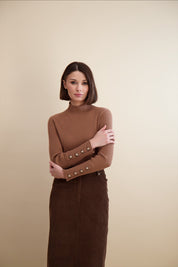 RIB KNIT MOCK NECK-TAN