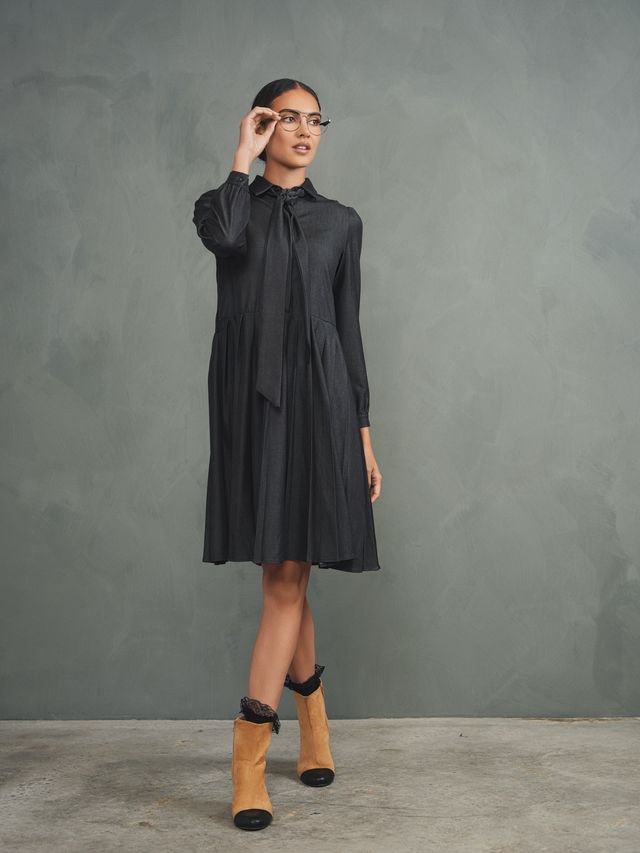 Pleated Tie Tencel Dress