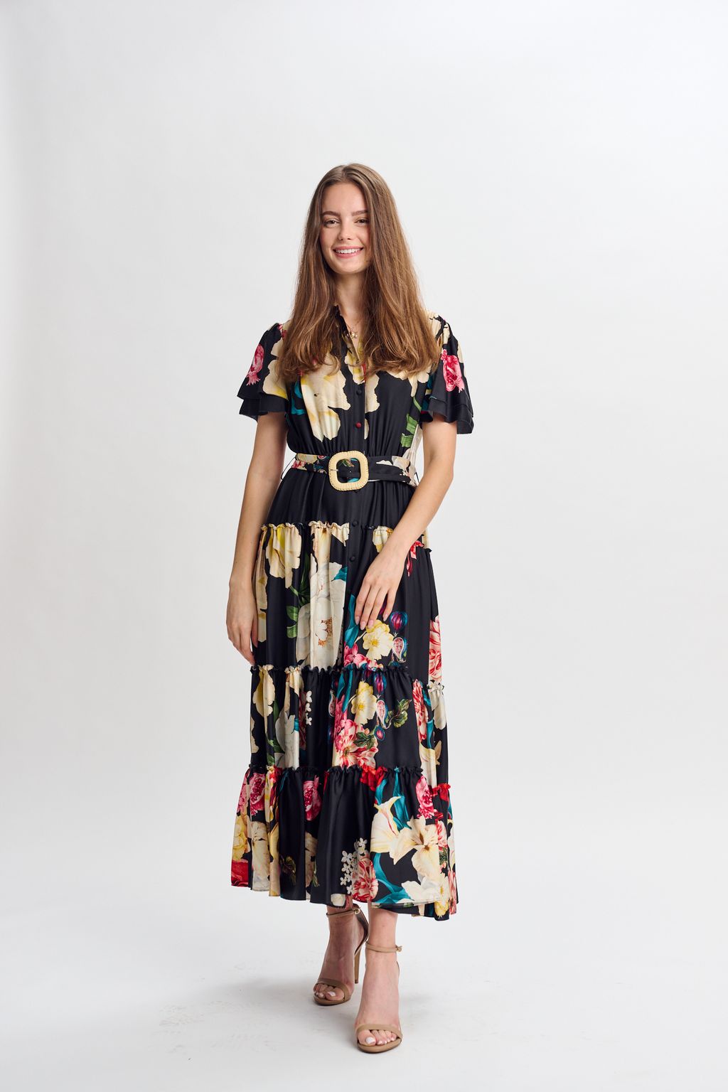BLACK SATEEN W/ LARGE VIVID FLORAL PRINT DRESS 335015
