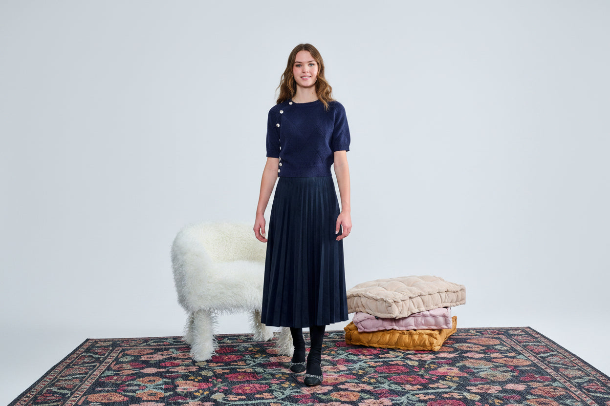 BLUE VELVET PLEATED SKIRT T-1410