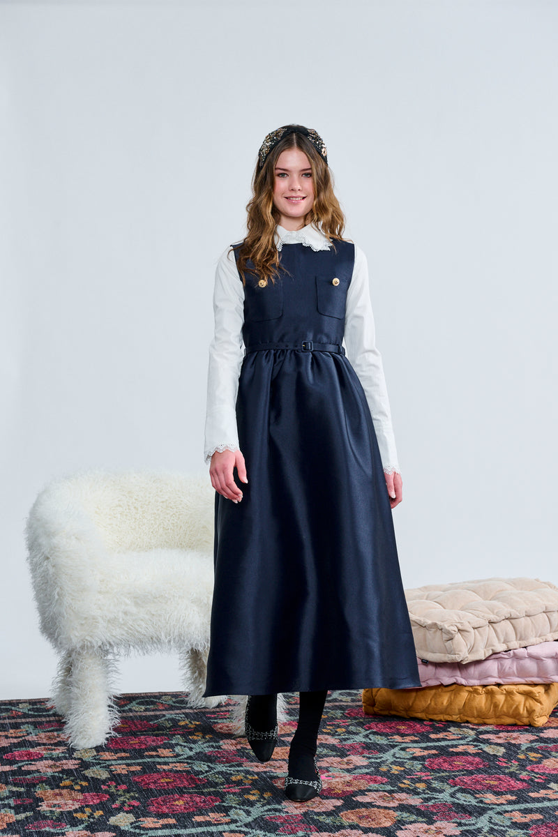 NAVY GOLD BUTTON BELTED WAIST JUMPER T-1390