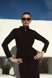 Bliss Embroidered Trim Linen Blouse Black