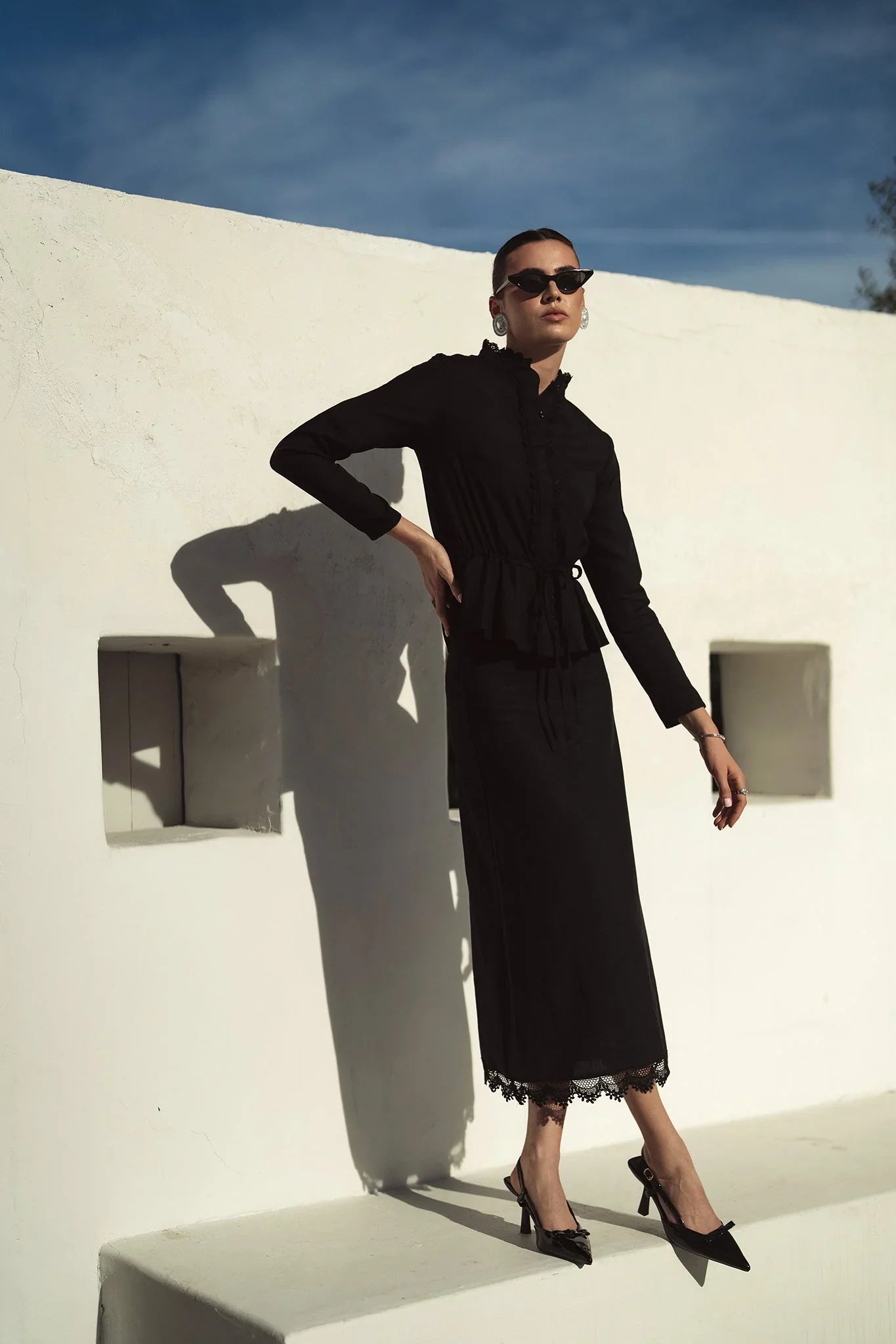 Bliss Linen Embroidered Hem Skirt Black