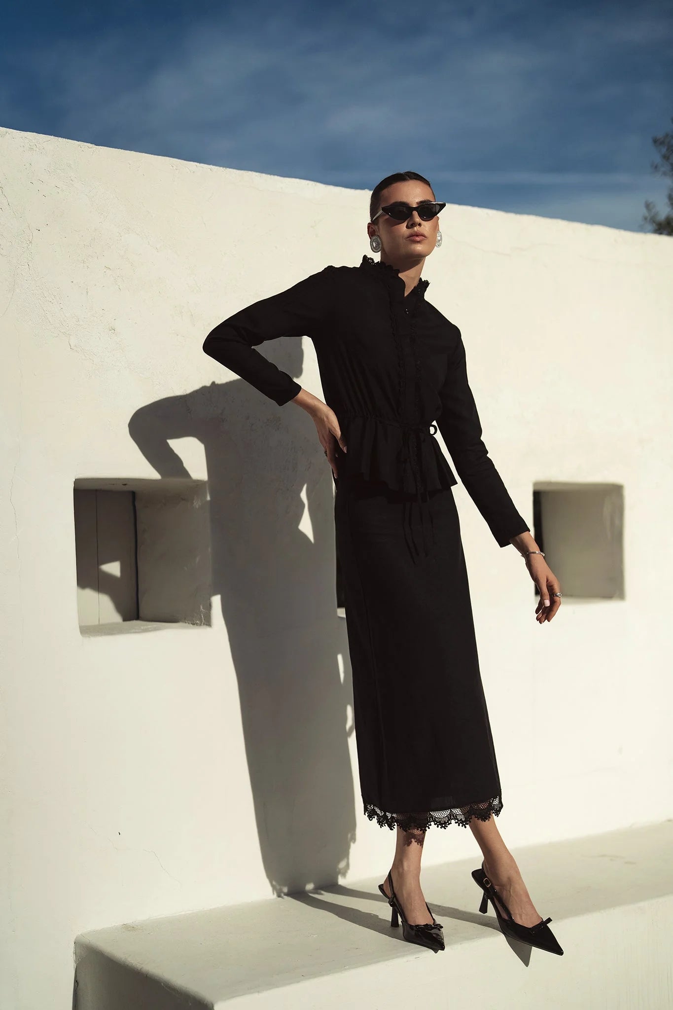 Bliss Linen Embroidered Hem Skirt Black