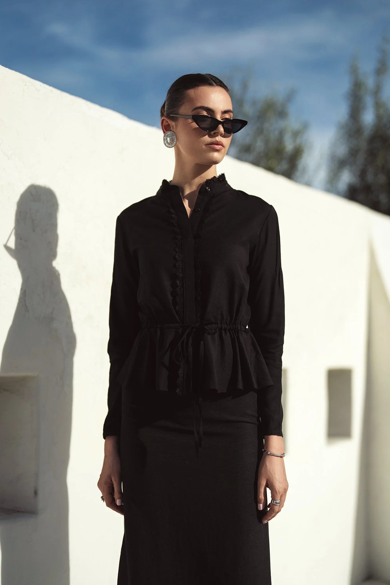 Bliss Embroidered Trim Linen Blouse Black