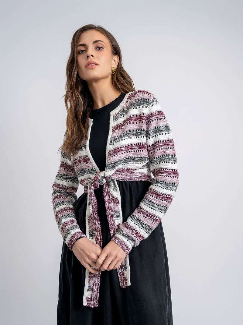Multi Color Crochet Cropped Tie Cardigan