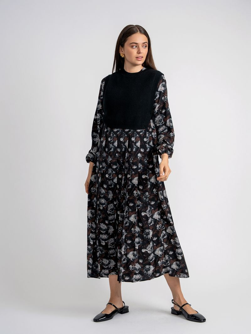 Teens Floral Print Dress With Knit Vest