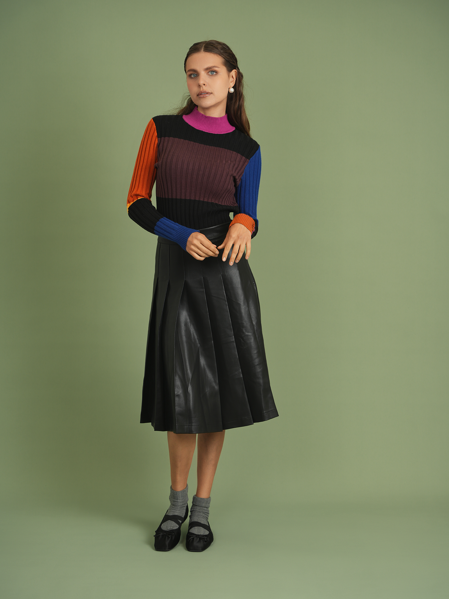 Mix Knit Knife Pleated Skirt