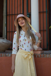 Fine Knit Floral Print Top with Embellished Collar