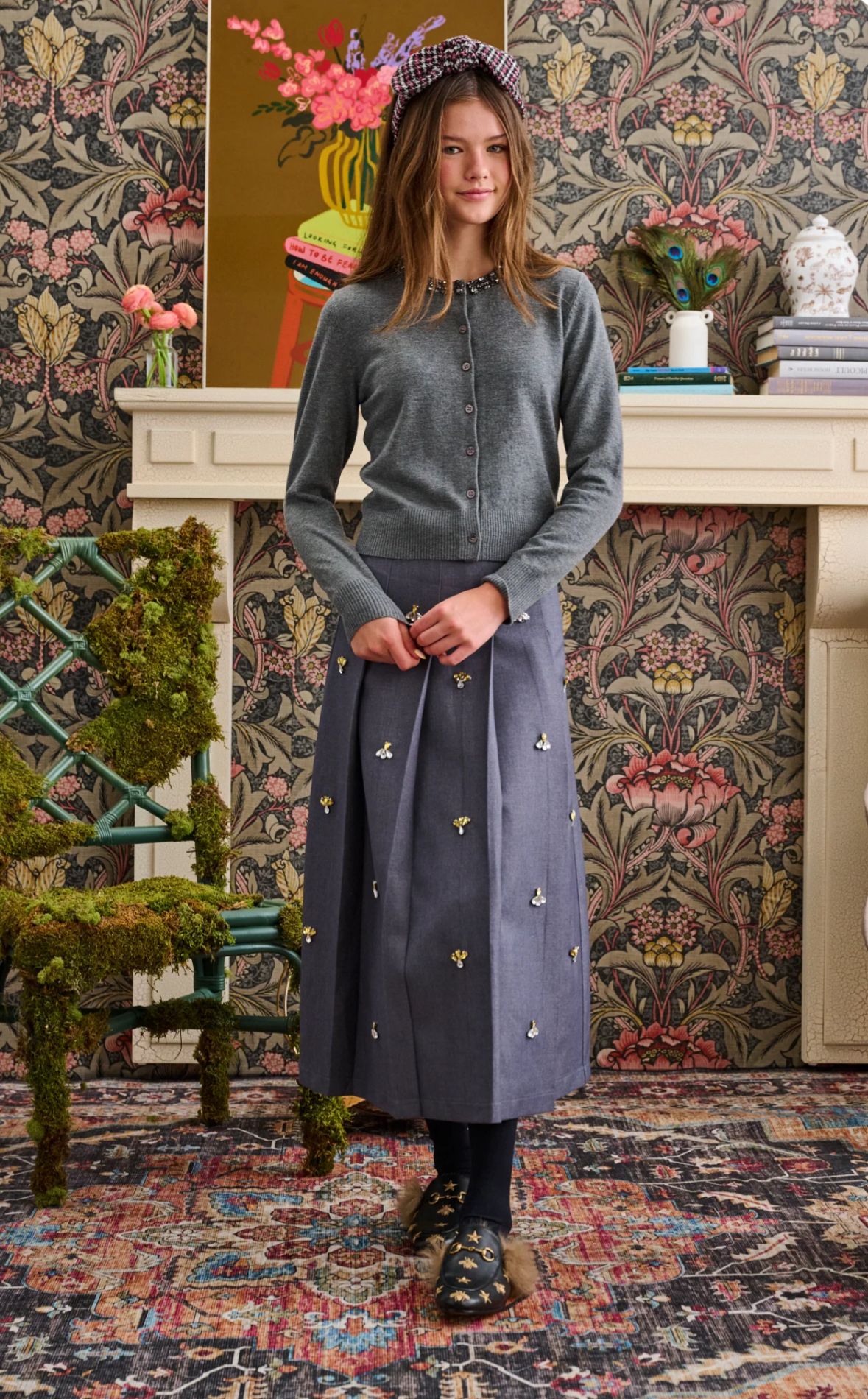 GREY WOOL W/ STONES THROUGHOUT A-LINE SKIRT T-1091