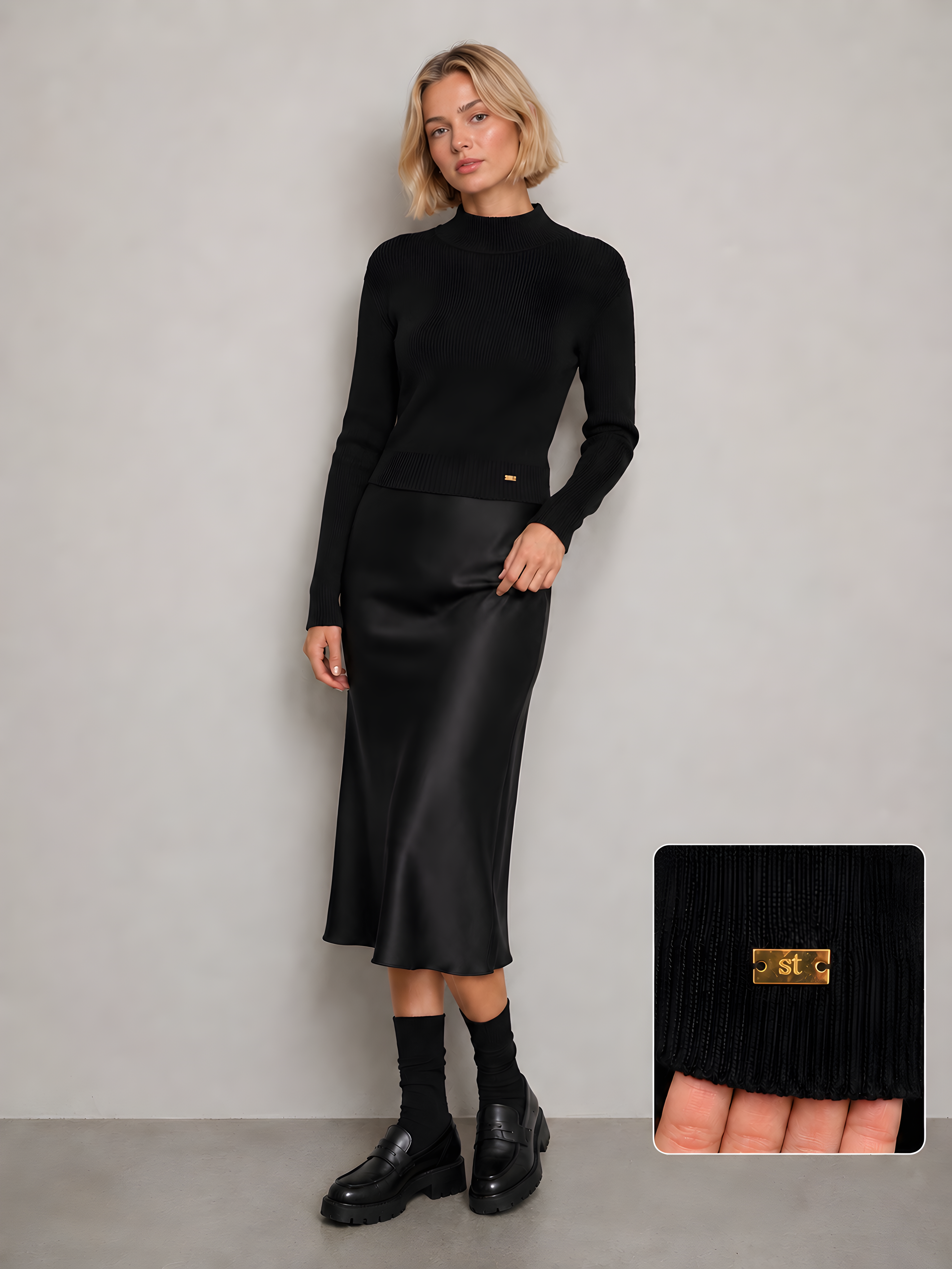 KNIT MOCKNECK WITH GOLD PLATE LOGO DETAIL