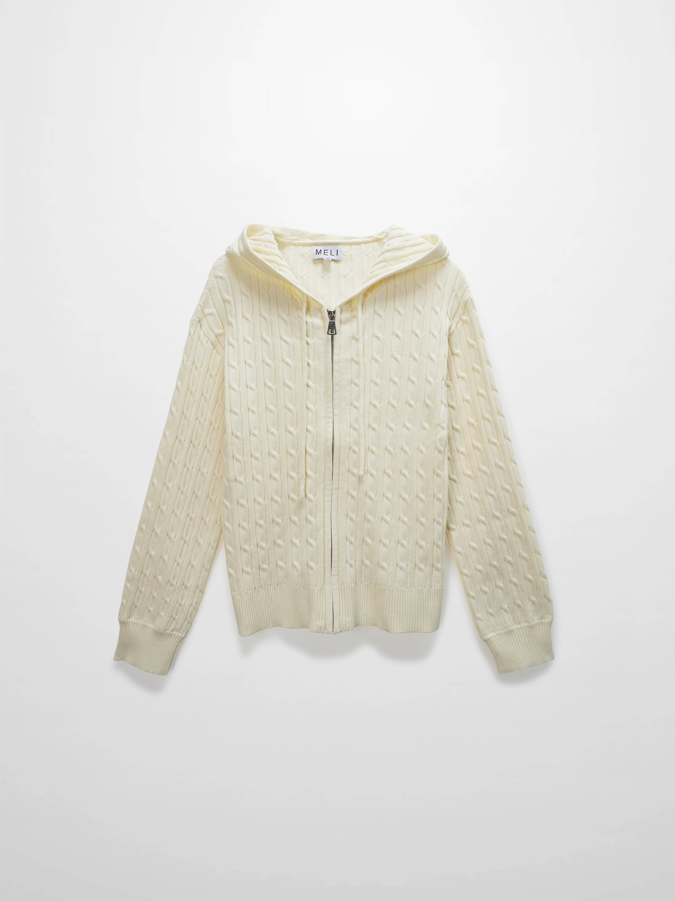 Zip Up Cable Hoodie-Cream