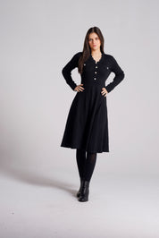 V-NECK BUTTON FRONT SWEATER DRESS WITH PATCH POCKETS