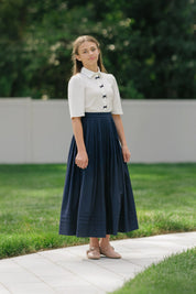 NAVY BOW BUTTON BLOUSE