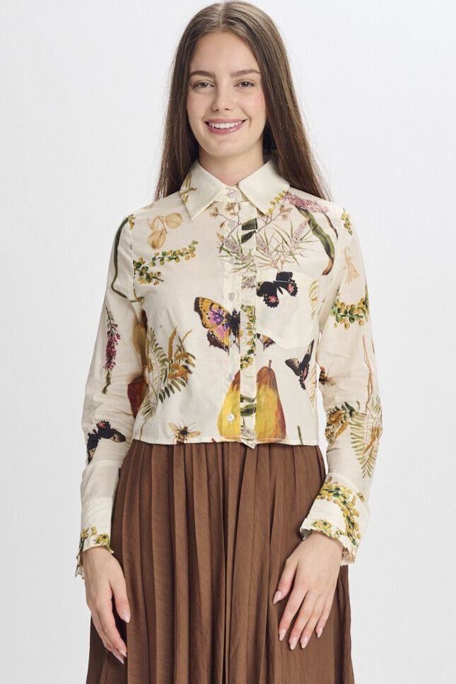 IVORY W/ BROWN BUTTERFLIES FRUIT DESIGN TOP 994503