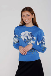 LARGE FLORAL PRINT SWEATER WITH PUFF SLEEVES