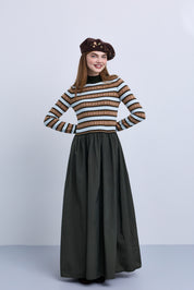 Striped Knit Midi Dress with Pleated Skirt