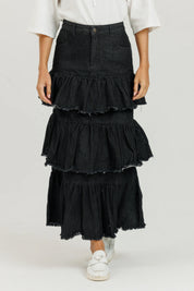 Denim Ruffle Skirt Black