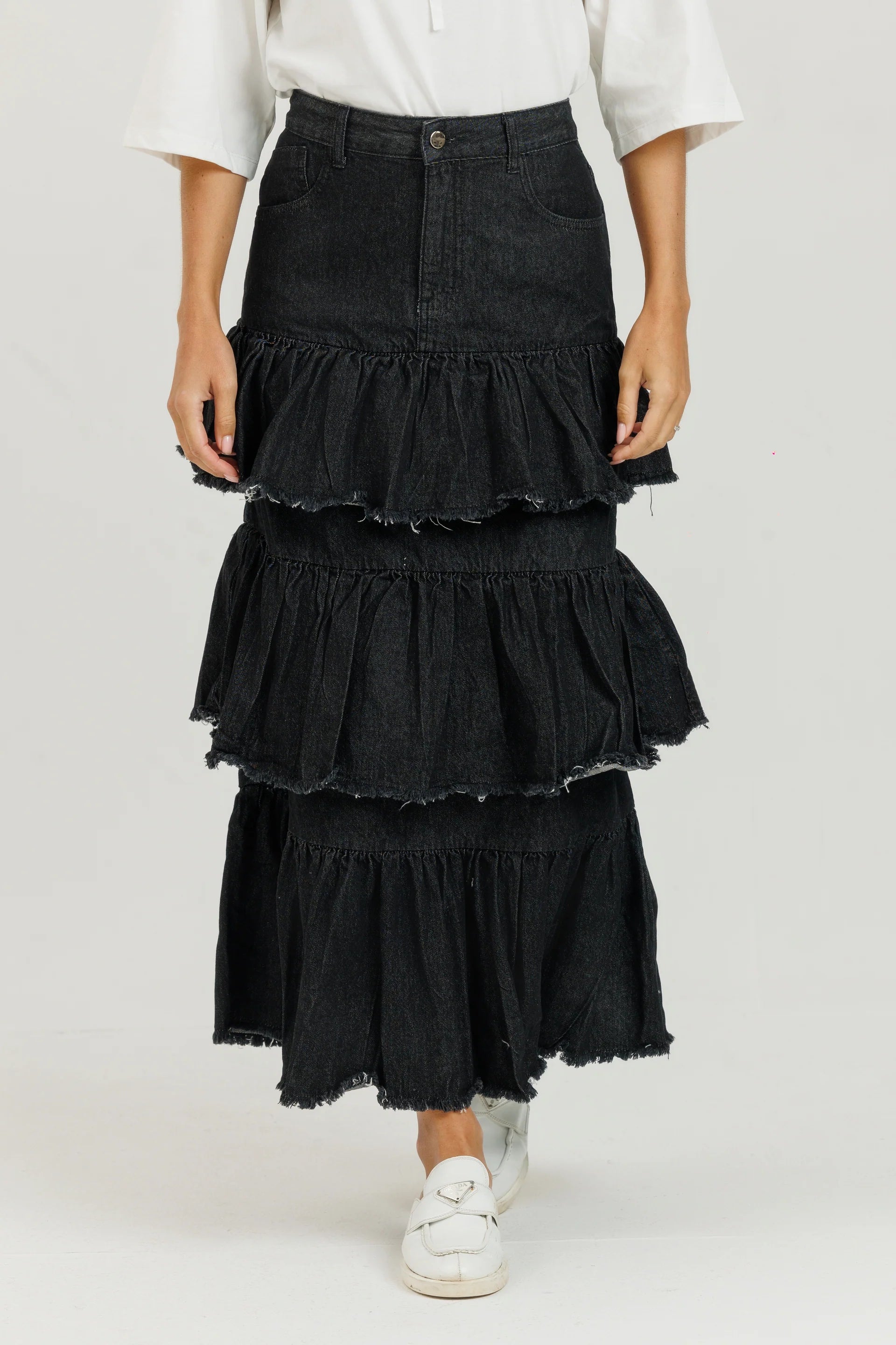 Denim Ruffle Skirt Black