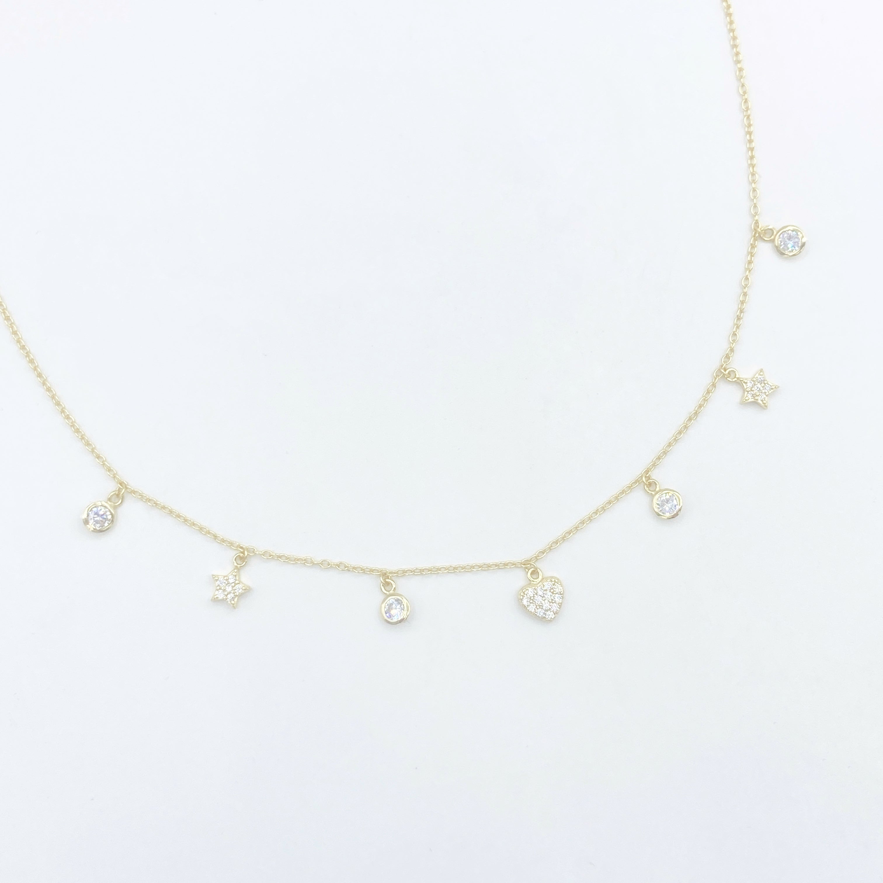 Heart and Star Diamond Charm Choker Necklace- Gold or Silver