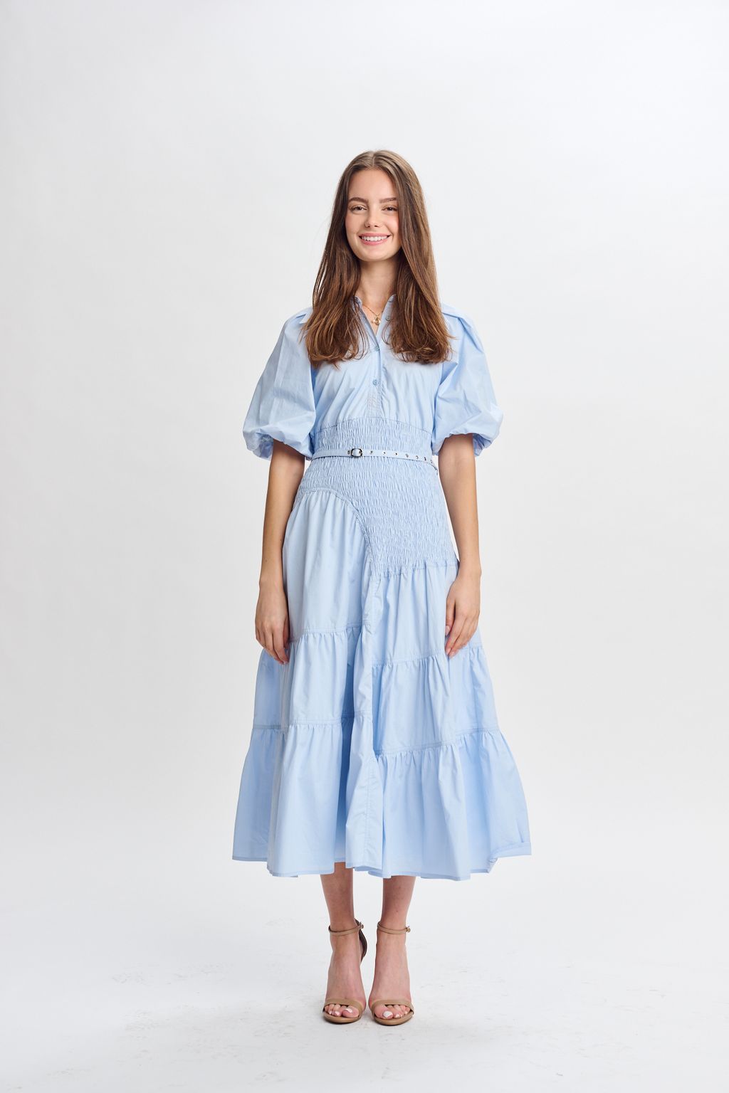 LIGHT BLUE SHIRRED TIERED DRESS 334680