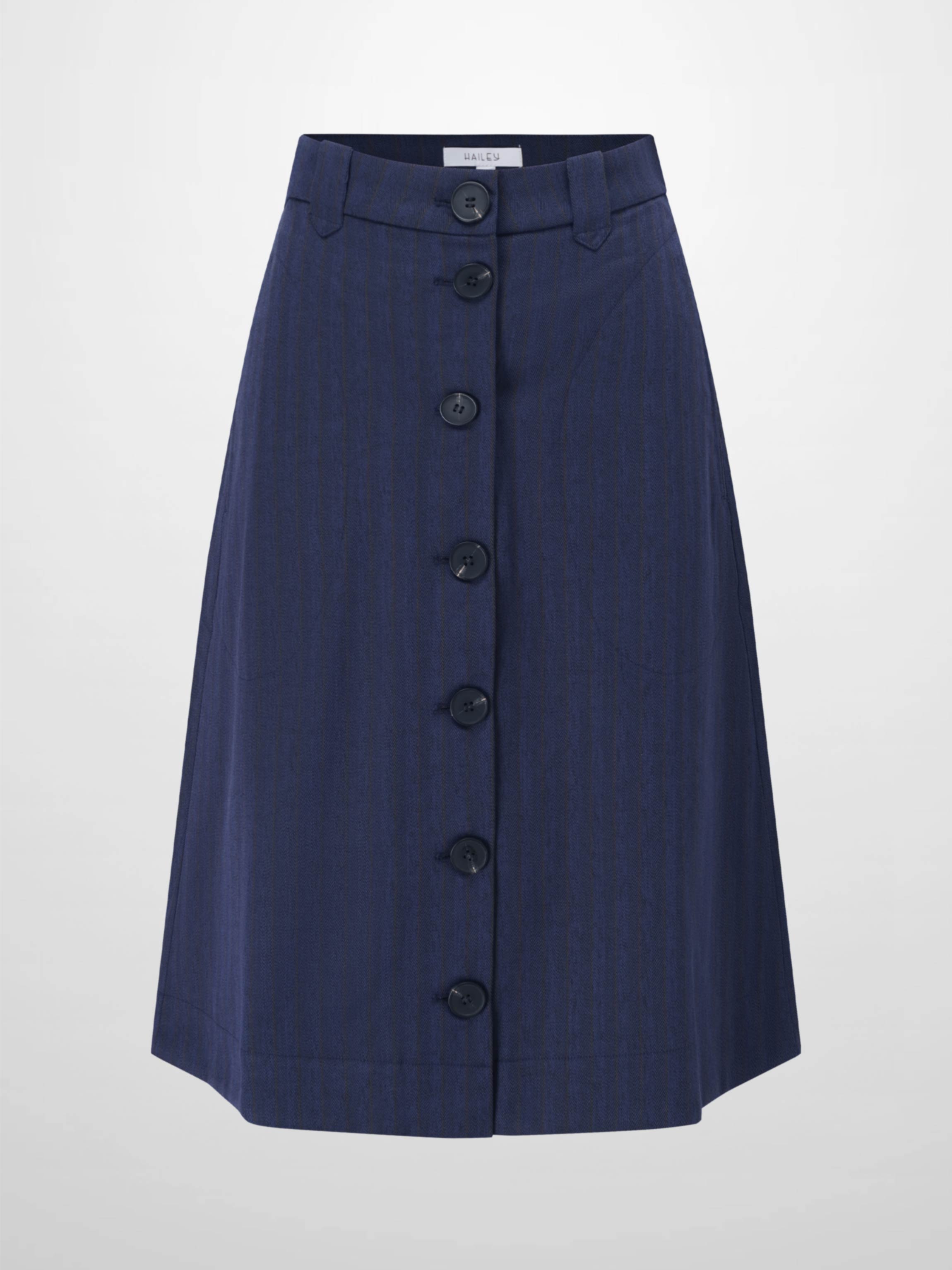 Herringbone Pinstripe Button Down A-Line Skirt-Navy/Brown