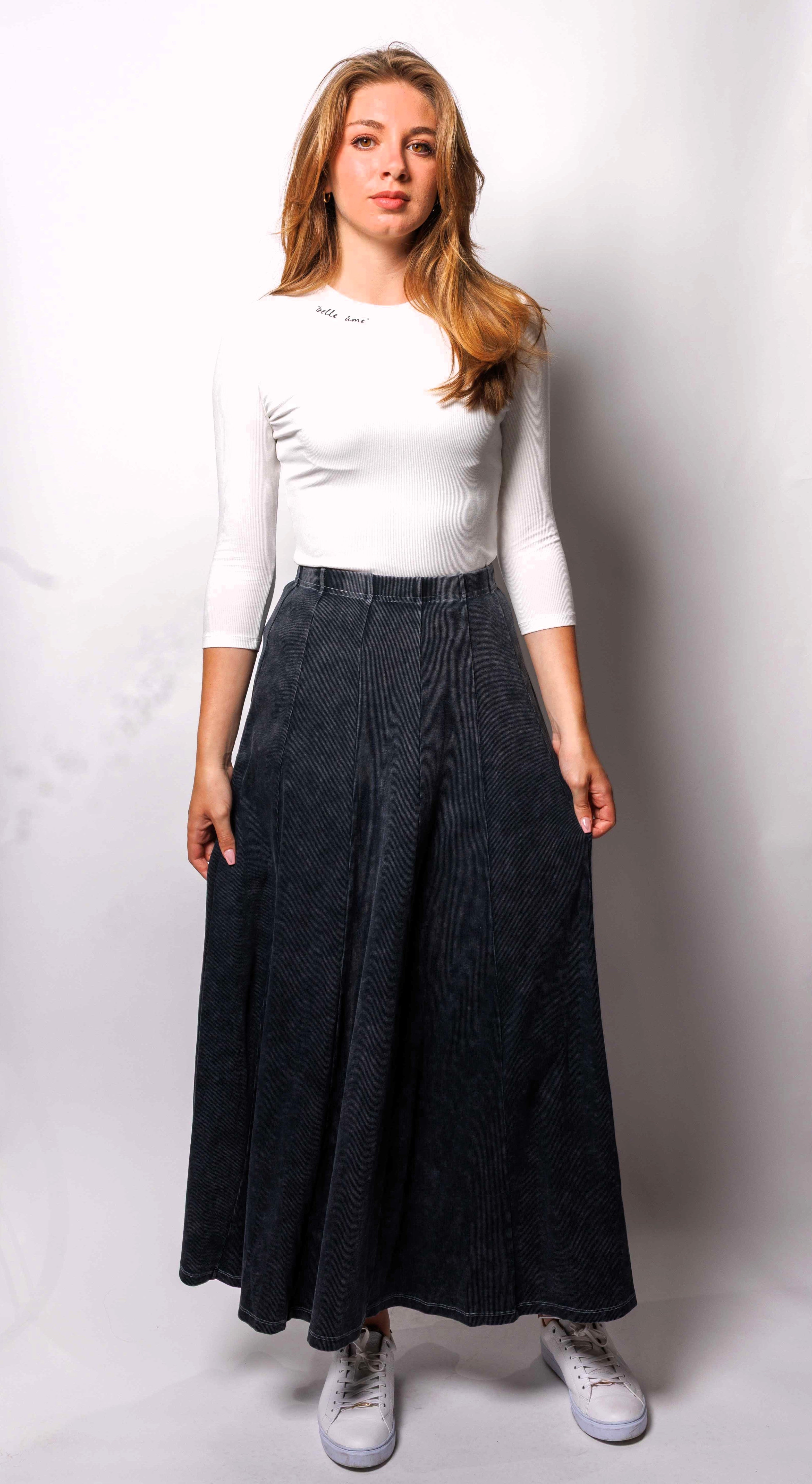 MAXI ACID WASHED RIBBED PANEL SKIRT