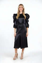 BLACK SATIN PUFF SLEEVE DRESS (2496)
