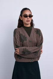 Cable Knit V neck Top with Printed Beaded Flowers and hi neck Insert