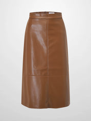 Short A-Line Seamed Faux Leather Skirt-Brown