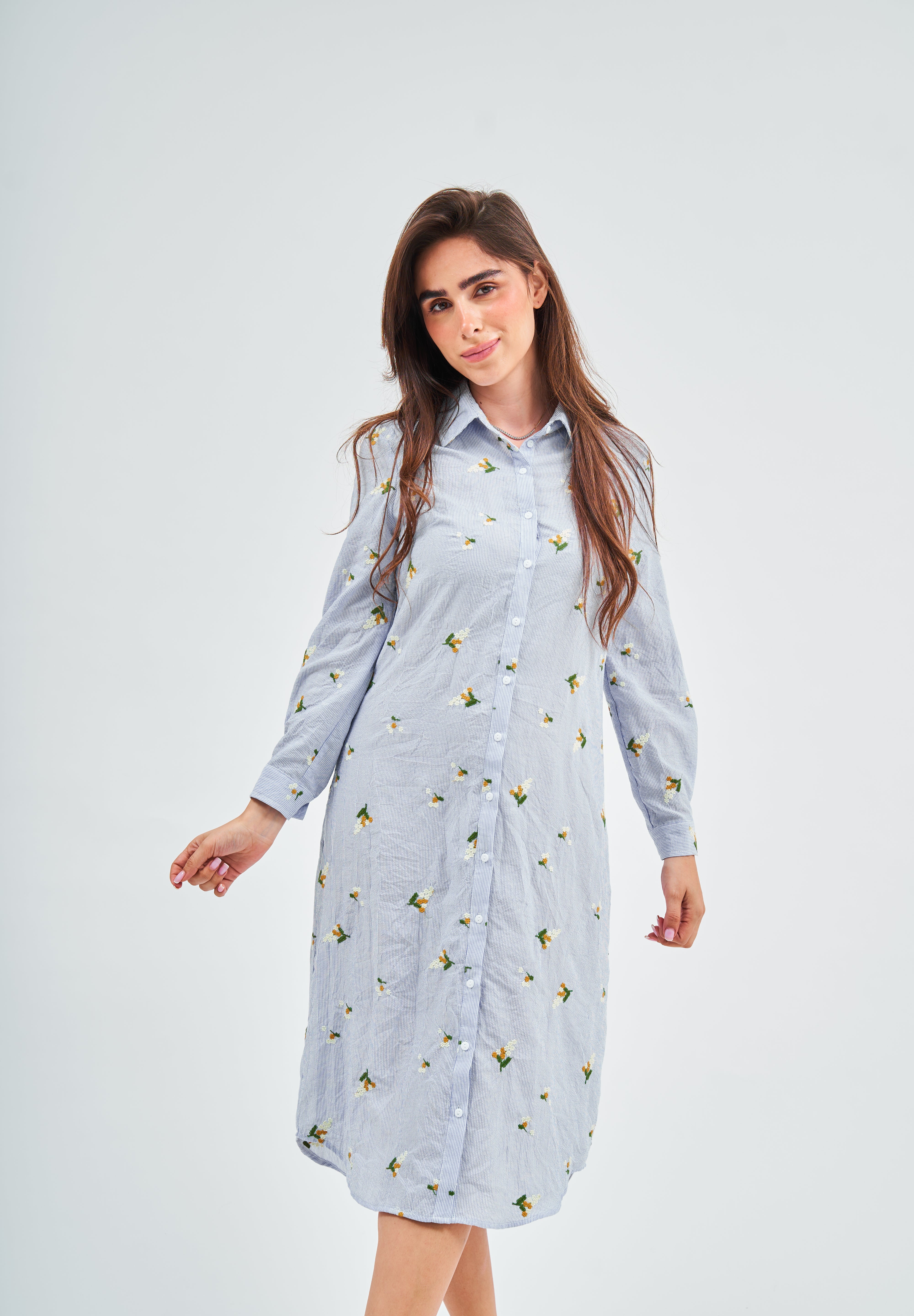 (Cotton) Blue Seersucker Shirt Dress