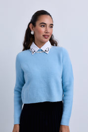 Diagonal Closure Cardigan with Embroidered Shirt Collar