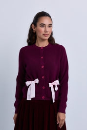 Ribbed Knit Buttoned Cardigan with Ribbon Bow Pockets