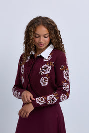 Embroidered Tie-Front Knit Cardigan