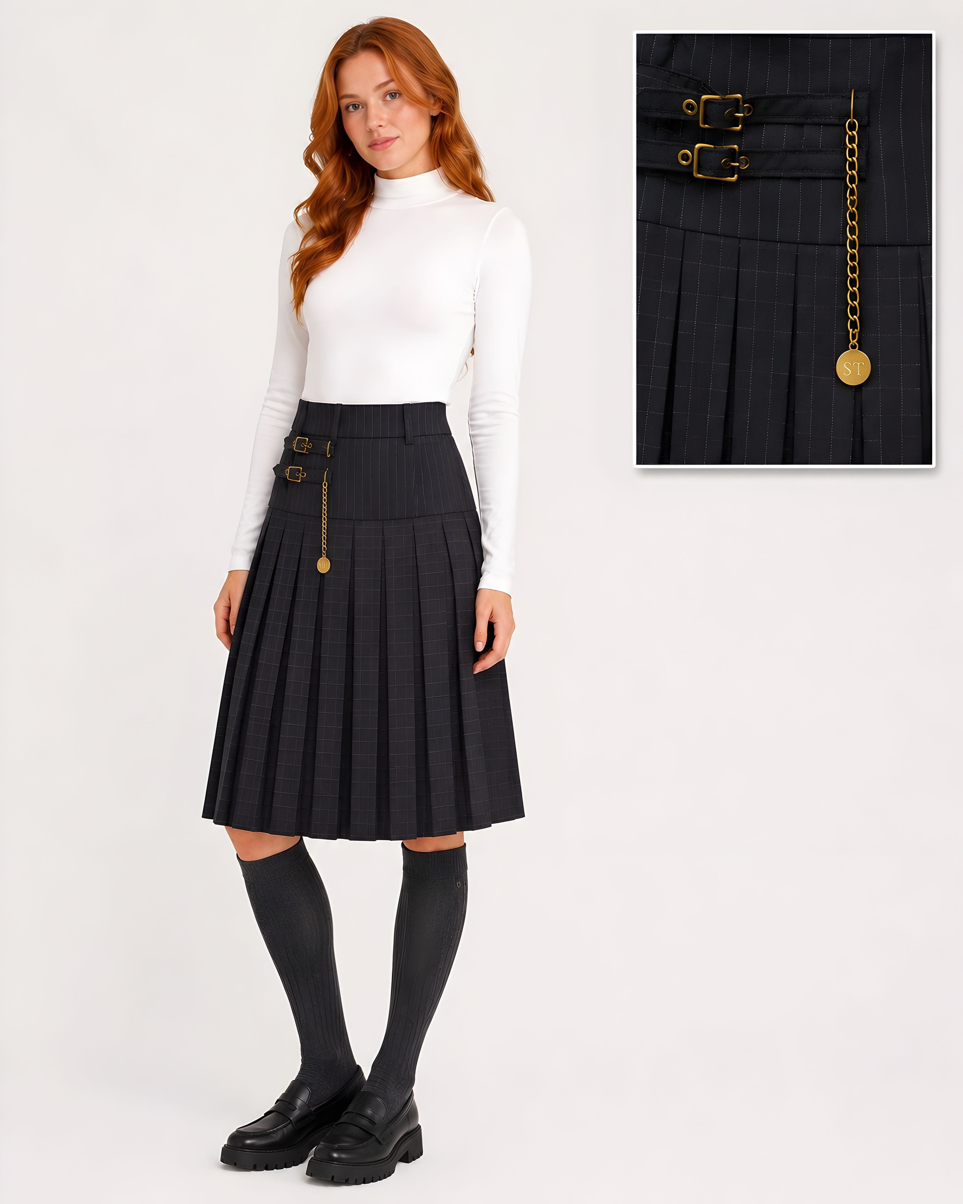 25" PLAID SKIRT WITH BUCKLE AND CHAIN DETAIL