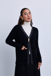 Longer Length Ribbed Knit Cardigan with Leather Piping Gold Hardware Closure