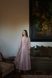 Puff Sleeve Button Front Pleated Waist Gown with Belt