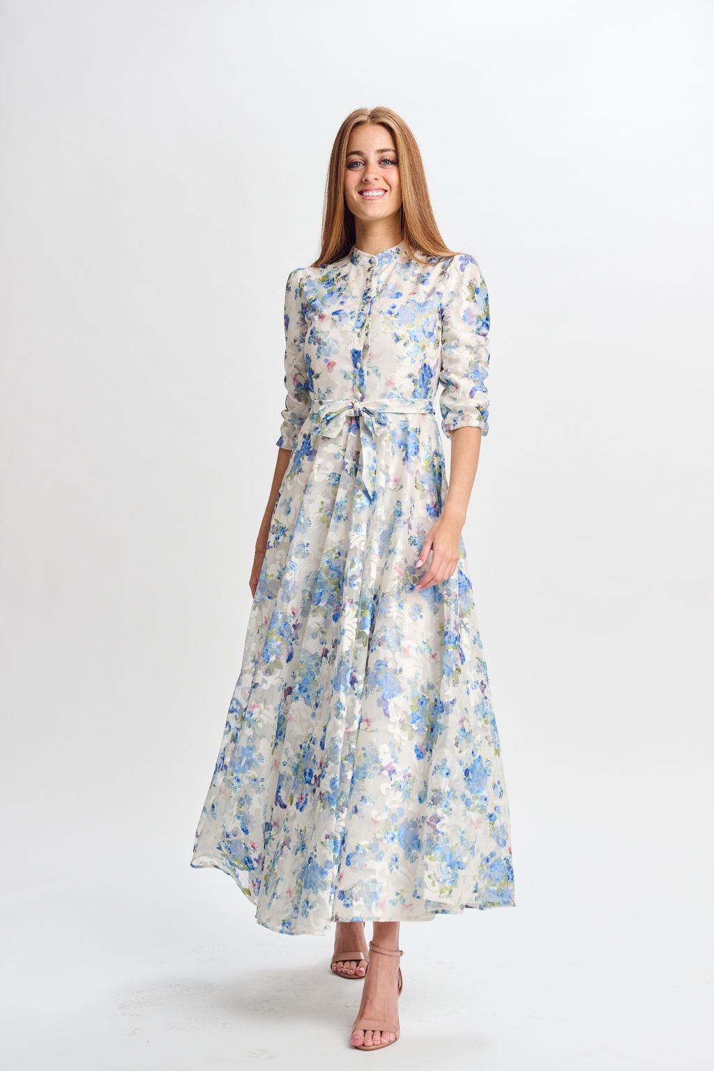 WHITE W/ PRINTED BLUE FLORAL MESH OVERLAY DRESS 334787  THE ADDRESS