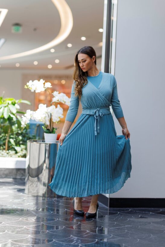 3/4 SLEEVE OPEN WEAVE MOCK WRAP SWEATER
