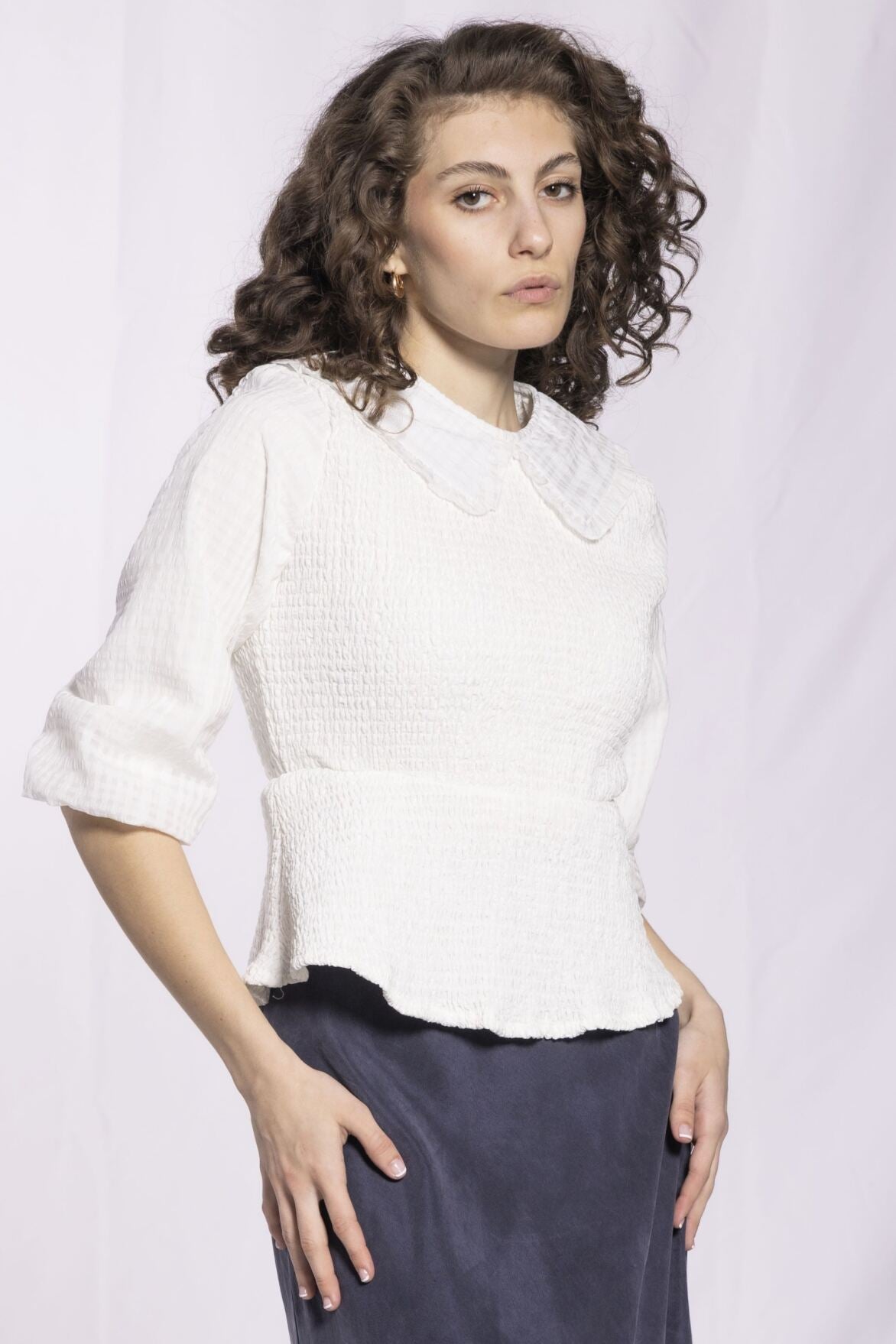 COLLARED SMOCKED TOP AVAILABLE IN 3 COLORS  (26SM10)