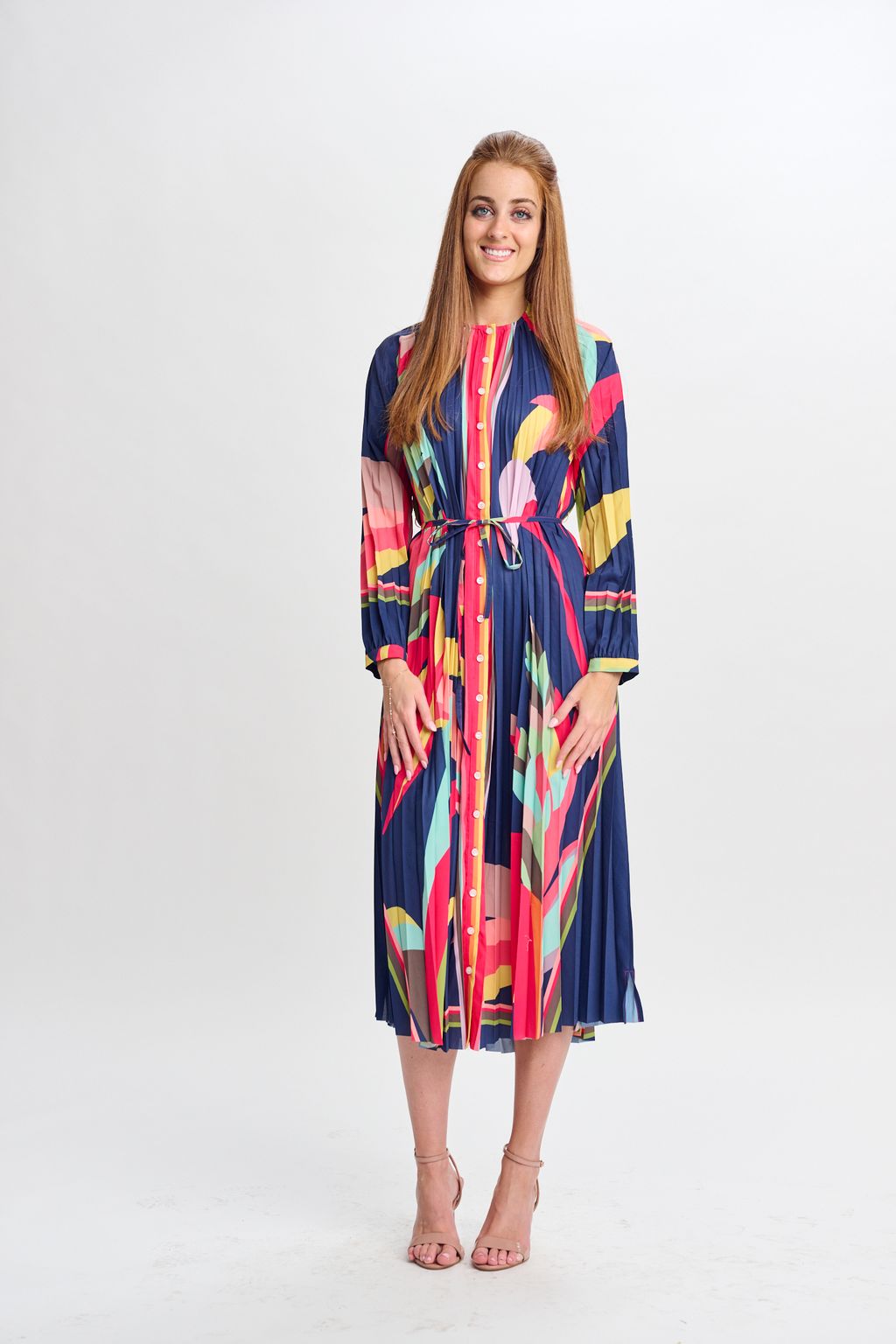 NAVY PLEATED W/ BRIGHT FLORAL PRINT DRESS 994788