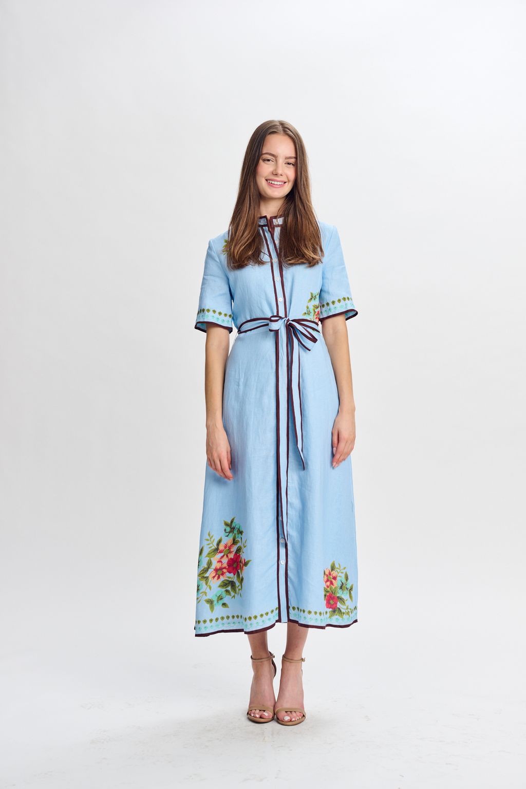 LIGHT BLUE LINEN W/ FLORAL DESIGN DRESS 444747