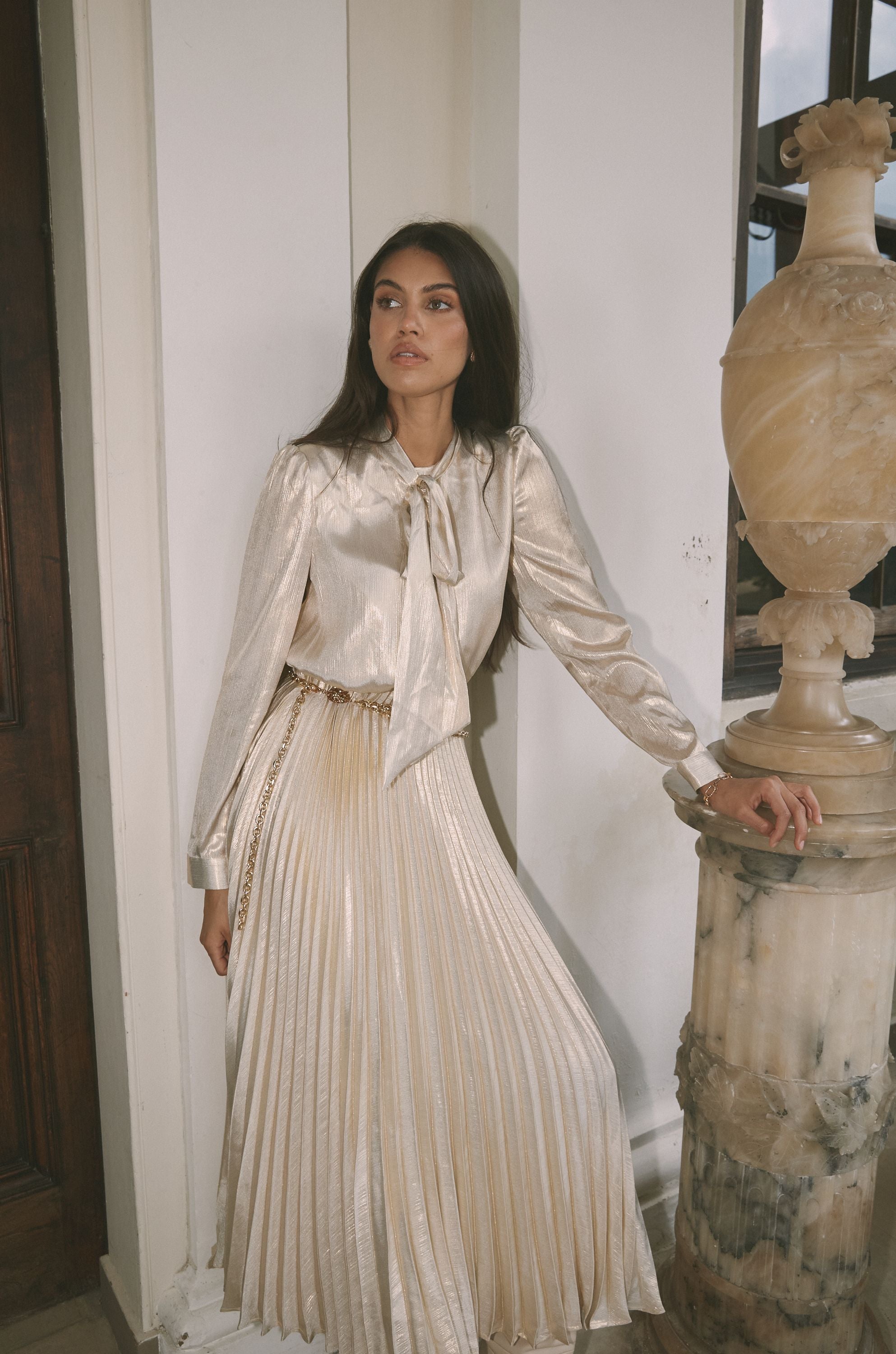 Pleated Lame Maxi Dress with Gold Chain Belt